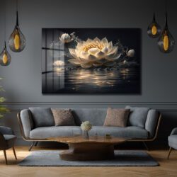 Su Üzerinde Zarafet: Beyaz Lotus Çiçeği Temperli Cam Tablo