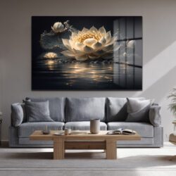 Su Üzerinde Zarafet: Beyaz Lotus Çiçeği Temperli Cam Tablo