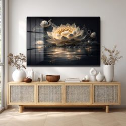 Su Üzerinde Zarafet: Beyaz Lotus Çiçeği Temperli Cam Tablo