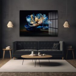 Altın Dokunuşlu Gece Mavisi Çiçek: Lüks Modern Cam Tablo Duvar Dekoru Altın Dokunuşlu Gece Mavisi Çiçek: Lüks Modern Cam Tablo