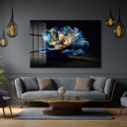 Altın Dokunuşlu Gece Mavisi Çiçek: Lüks Modern Cam Tablo Duvar Dekoru Altın Dokunuşlu Gece Mavisi Çiçek: Lüks Modern Cam Tablo