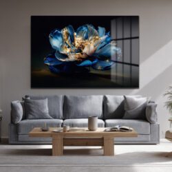 Altın Dokunuşlu Gece Mavisi Çiçek: Lüks Modern Cam Tablo Duvar Dekoru Altın Dokunuşlu Gece Mavisi Çiçek: Lüks Modern Cam Tablo