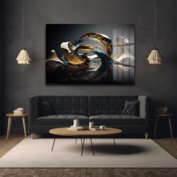 Altın ve Teal Akış: Dinamik Soyut Temperli Cam Tablo Duvar Dekoru Altın ve Teal Akış: Dinamik Soyut Temperli Cam Tablo