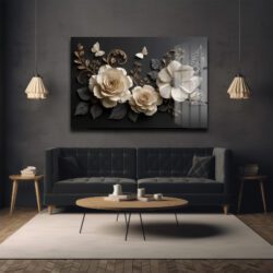 Altın Dokunuşlu Zarafet: 3D Efektli Çiçekler ve Kelebekler Cam Tablo Duvar Dekoru Altın Dokunuşlu Zarafet: 3D Efektli Çiçekler ve Kelebekler Cam Tablo