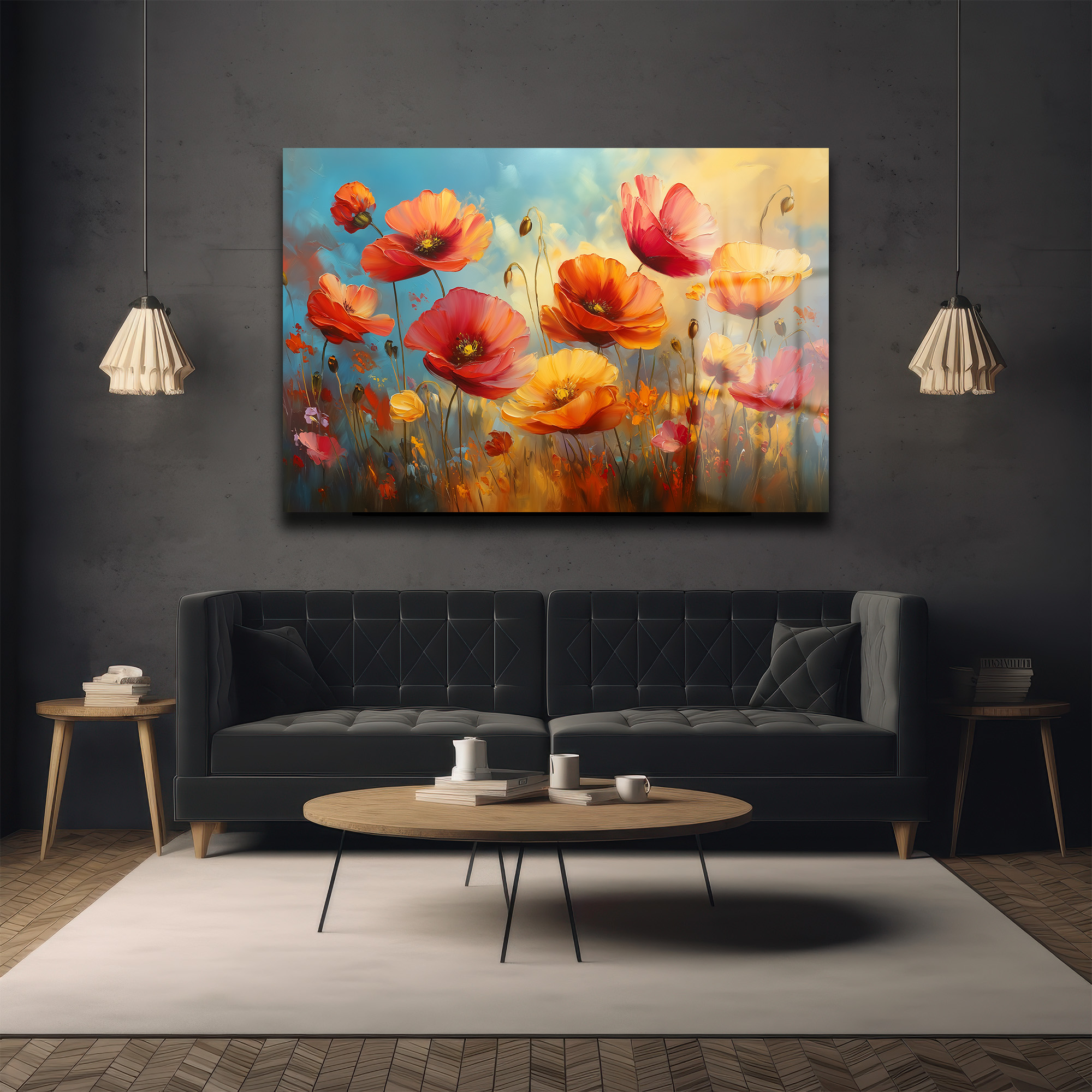 Canlı Gelincik Tarlası: Modern Sanat Temperli Cam Tablo Duvar Dekoru Canlı Gelincik Tarlası: Modern Sanat Temperli Cam Tablo