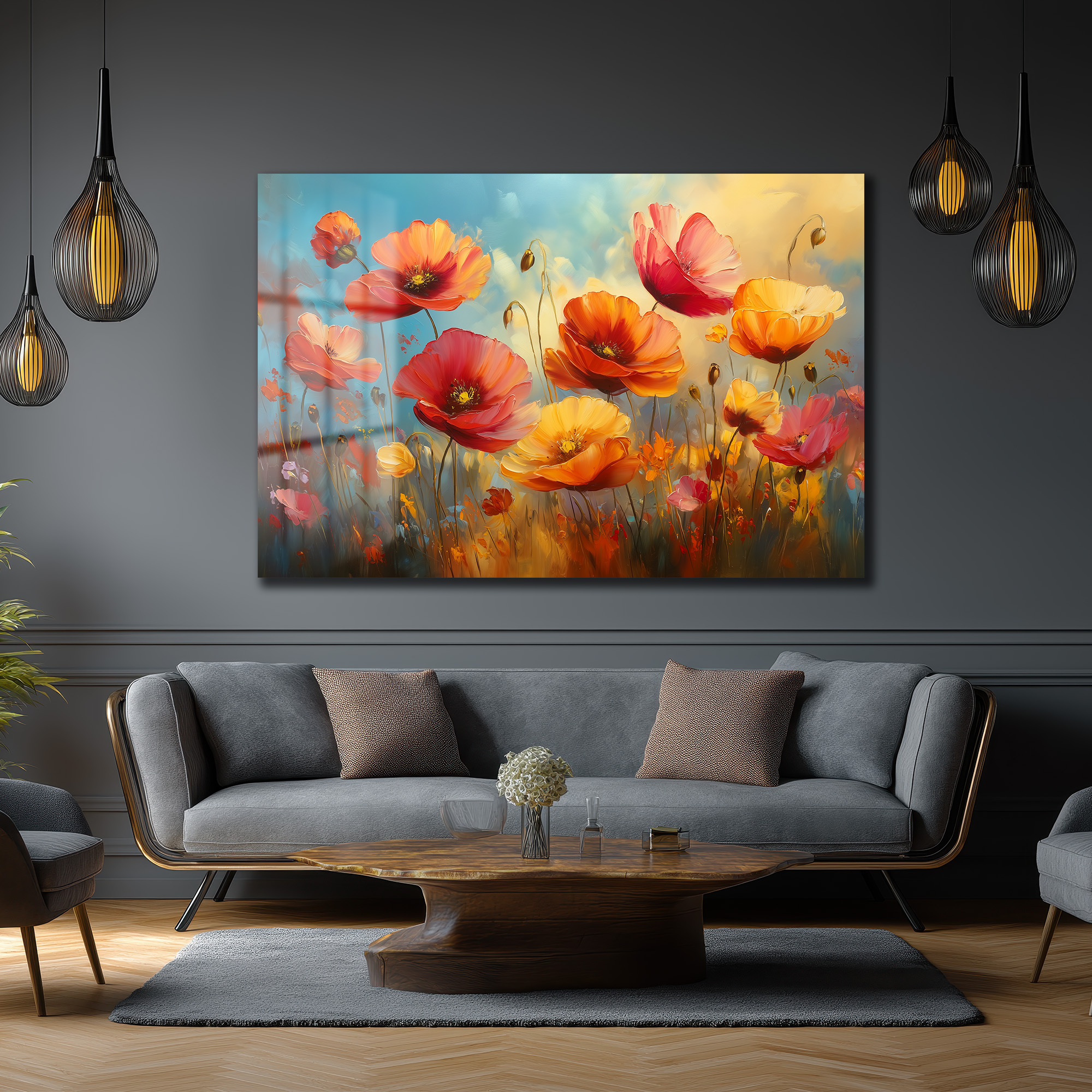 Canlı Gelincik Tarlası: Modern Sanat Temperli Cam Tablo Duvar Dekoru Canlı Gelincik Tarlası: Modern Sanat Temperli Cam Tablo
