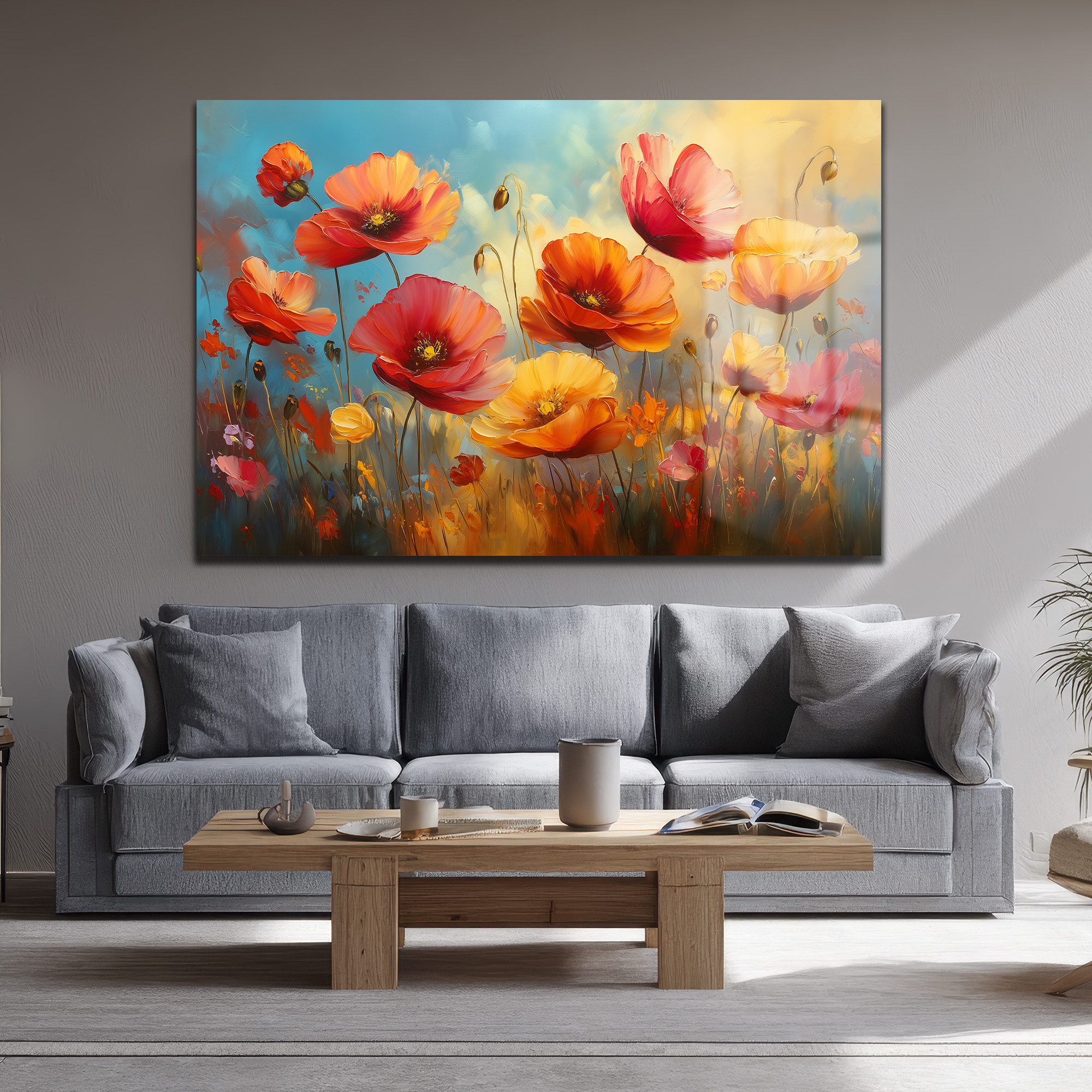 Canlı Gelincik Tarlası: Modern Sanat Temperli Cam Tablo Duvar Dekoru Canlı Gelincik Tarlası: Modern Sanat Temperli Cam Tablo