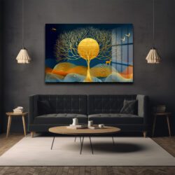 Altın Ağaç ve Gizemli Geyik: Gece Mavisi Modern Cam Tablo Duvar Dekoru Altın Ağaç ve Gizemli Geyik: Gece Mavisi Modern Cam Tablo
