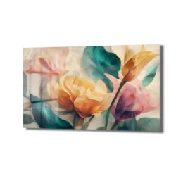 Pastel tonlarda, rüya gibi soyut çiçek ve yaprak motifleriyle bezenmiş temperli cam tablo, modern salon ve yatak odası dekorasyonu için şık bir duvar sanatı.