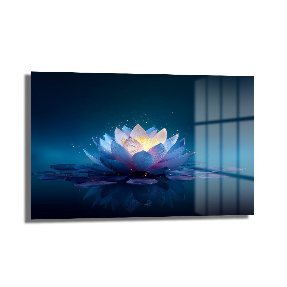Sonsuz Huzur: Işıltılı Mavi Lotus Çiçeği Temperli Cam Tablo Duvar Dekoru Sonsuz Huzur: Işıltılı Mavi Lotus Çiçeği Temperli Cam Tablo