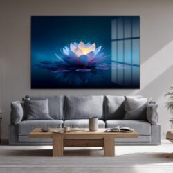 Sonsuz Huzur: Işıltılı Mavi Lotus Çiçeği Temperli Cam Tablo Duvar Dekoru Sonsuz Huzur: Işıltılı Mavi Lotus Çiçeği Temperli Cam Tablo