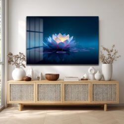 Sonsuz Huzur: Işıltılı Mavi Lotus Çiçeği Temperli Cam Tablo Duvar Dekoru Sonsuz Huzur: Işıltılı Mavi Lotus Çiçeği Temperli Cam Tablo