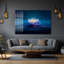Sonsuzluk Mavisi: Işıltılı Lotus Çiçeği Temperli Cam Tablo Duvar Dekoru Sonsuzluk Mavisi: Işıltılı Lotus Çiçeği Temperli Cam Tablo