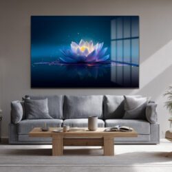Sonsuzluk Mavisi: Işıltılı Lotus Çiçeği Temperli Cam Tablo Duvar Dekoru Sonsuzluk Mavisi: Işıltılı Lotus Çiçeği Temperli Cam Tablo