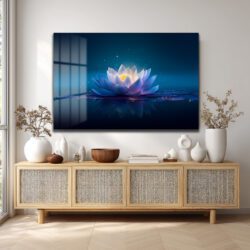 Sonsuzluk Mavisi: Işıltılı Lotus Çiçeği Temperli Cam Tablo Duvar Dekoru Sonsuzluk Mavisi: Işıltılı Lotus Çiçeği Temperli Cam Tablo