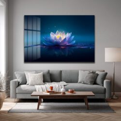 Sonsuzluk Mavisi: Işıltılı Lotus Çiçeği Temperli Cam Tablo Duvar Dekoru Sonsuzluk Mavisi: Işıltılı Lotus Çiçeği Temperli Cam Tablo