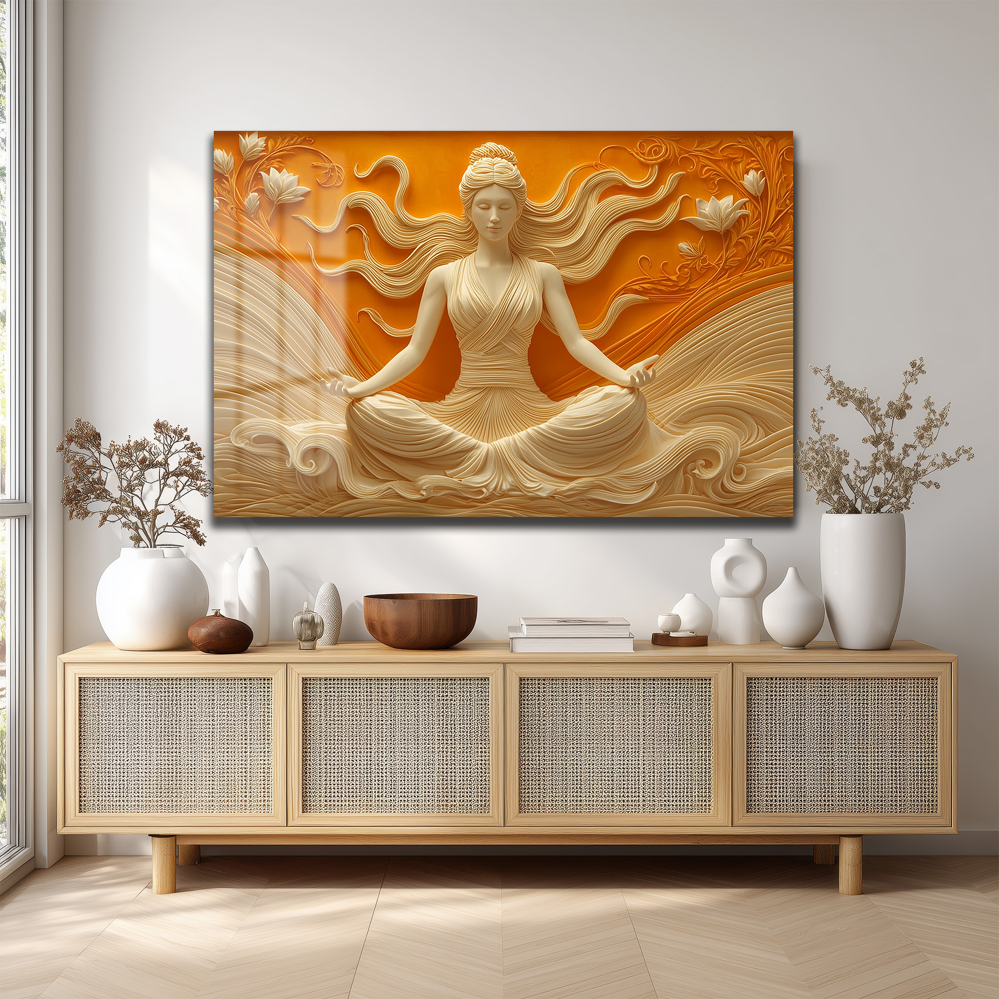 Huzur Meditasyonu: Lotus ve Dalgaların Dansı Temperli Cam Tablo Duvar Dekoru Huzur Meditasyonu: Lotus ve Dalgaların Dansı Temperli Cam Tablo