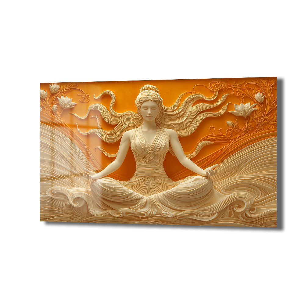 Huzur Meditasyonu: Lotus ve Dalgaların Dansı Temperli Cam Tablo Duvar Dekoru Lotus pozisyonunda meditasyon yapan kadının kabartma görünümlü, turuncu ve krem tonlarında temperli cam tablosu, ruhsal duvar dekorasyonu için ideal.