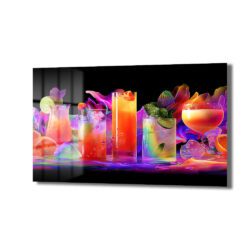 Canlı neon renklerde beş farklı kokteylin yer aldığı, modern ve enerjik bir temperli cam tablo, salon veya mutfak duvar dekorasyonu için ideal.