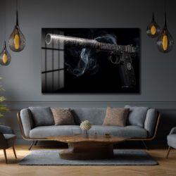 Gizemli Atış: Desenli Susturuculu Silah Temalı Modern Cam Tablo Duvar Dekoru Gizemli Atış: Desenli Susturuculu Silah Temalı Modern Cam Tablo