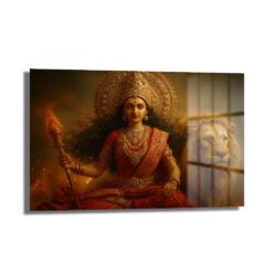Durga Devi ve Aslan: Kutsal Güç ve Zarafet Temalı Dekoratif Cam Tablo Duvar Dekoru Durga Devi ve Aslan: Kutsal Güç ve Zarafet Temalı Dekoratif Cam Tablo