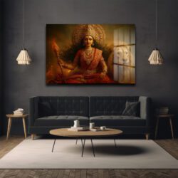 Durga Devi ve Aslan: Kutsal Güç ve Zarafet Temalı Dekoratif Cam Tablo Duvar Dekoru Durga Devi ve Aslan: Kutsal Güç ve Zarafet Temalı Dekoratif Cam Tablo
