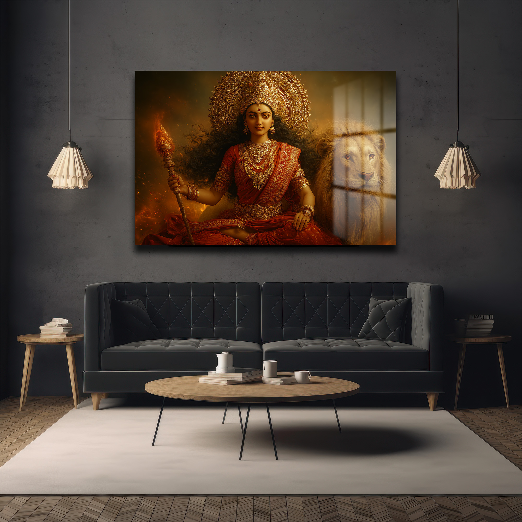 Durga Devi ve Aslan: Kutsal Güç ve Zarafet Temalı Dekoratif Cam Tablo Duvar Dekoru Durga Devi ve Aslan: Kutsal Güç ve Zarafet Temalı Dekoratif Cam Tablo