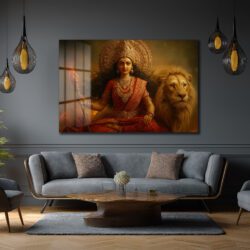 Durga Devi ve Aslan: Kutsal Güç ve Zarafet Temalı Dekoratif Cam Tablo Duvar Dekoru Durga Devi ve Aslan: Kutsal Güç ve Zarafet Temalı Dekoratif Cam Tablo