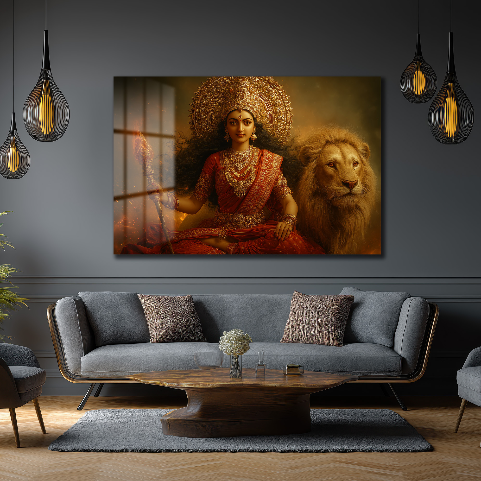 Durga Devi ve Aslan: Kutsal Güç ve Zarafet Temalı Dekoratif Cam Tablo Duvar Dekoru Durga Devi ve Aslan: Kutsal Güç ve Zarafet Temalı Dekoratif Cam Tablo