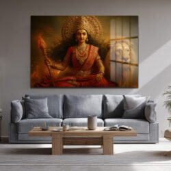Durga Devi ve Aslan: Kutsal Güç ve Zarafet Temalı Dekoratif Cam Tablo Duvar Dekoru Durga Devi ve Aslan: Kutsal Güç ve Zarafet Temalı Dekoratif Cam Tablo
