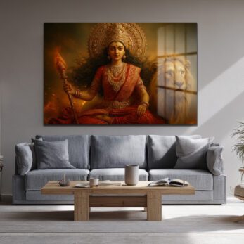 Durga Devi ve Aslan: Kutsal Güç ve Zarafet Temalı Dekoratif Cam Tablo - Glazella