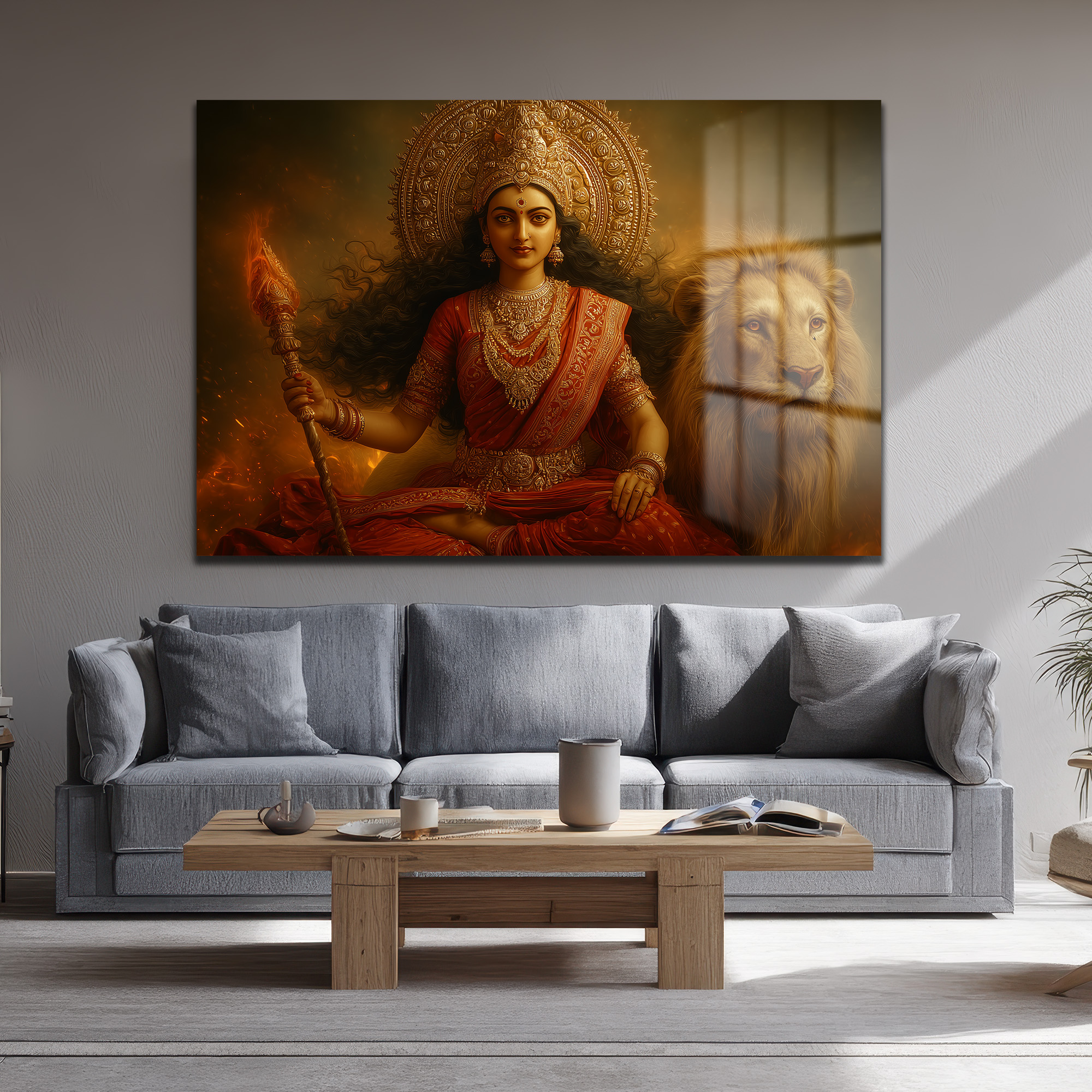 Durga Devi ve Aslan: Kutsal Güç ve Zarafet Temalı Dekoratif Cam Tablo Duvar Dekoru Durga Devi ve Aslan: Kutsal Güç ve Zarafet Temalı Dekoratif Cam Tablo