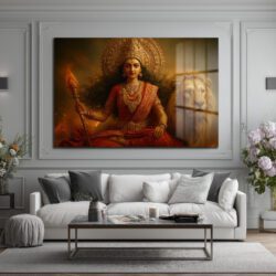 Durga Devi ve Aslan: Kutsal Güç ve Zarafet Temalı Dekoratif Cam Tablo Duvar Dekoru Durga Devi ve Aslan: Kutsal Güç ve Zarafet Temalı Dekoratif Cam Tablo