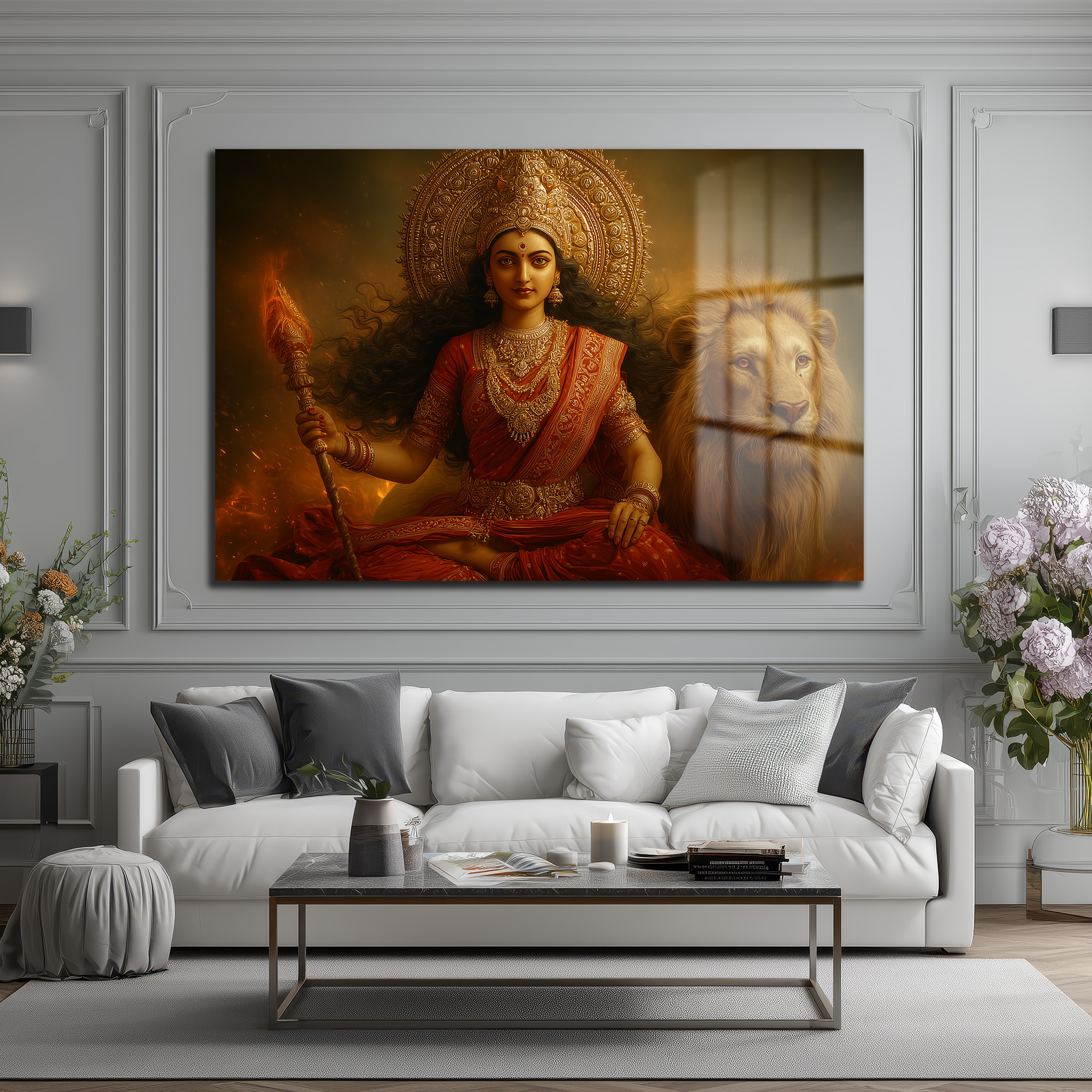 Durga Devi ve Aslan: Kutsal Güç ve Zarafet Temalı Dekoratif Cam Tablo Duvar Dekoru Durga Devi ve Aslan: Kutsal Güç ve Zarafet Temalı Dekoratif Cam Tablo
