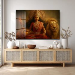 Durga Devi ve Aslan: Kutsal Güç ve Zarafet Temalı Dekoratif Cam Tablo Duvar Dekoru Durga Devi ve Aslan: Kutsal Güç ve Zarafet Temalı Dekoratif Cam Tablo