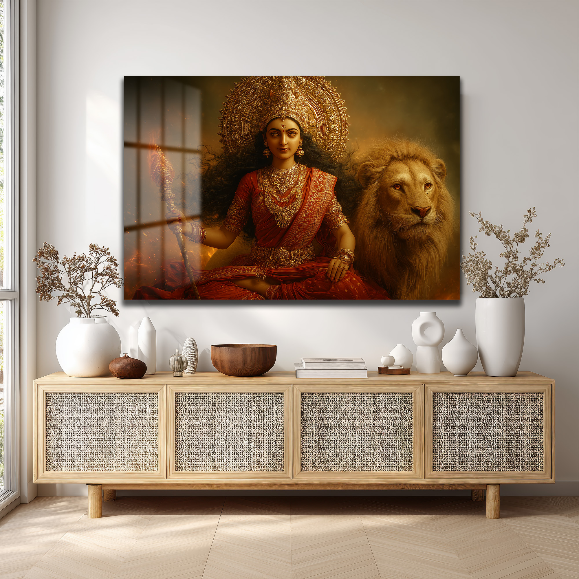 Durga Devi ve Aslan: Kutsal Güç ve Zarafet Temalı Dekoratif Cam Tablo Duvar Dekoru Durga Devi ve Aslan: Kutsal Güç ve Zarafet Temalı Dekoratif Cam Tablo