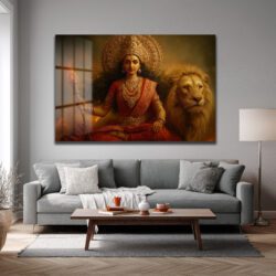 Durga Devi ve Aslan: Kutsal Güç ve Zarafet Temalı Dekoratif Cam Tablo Duvar Dekoru Durga Devi ve Aslan: Kutsal Güç ve Zarafet Temalı Dekoratif Cam Tablo
