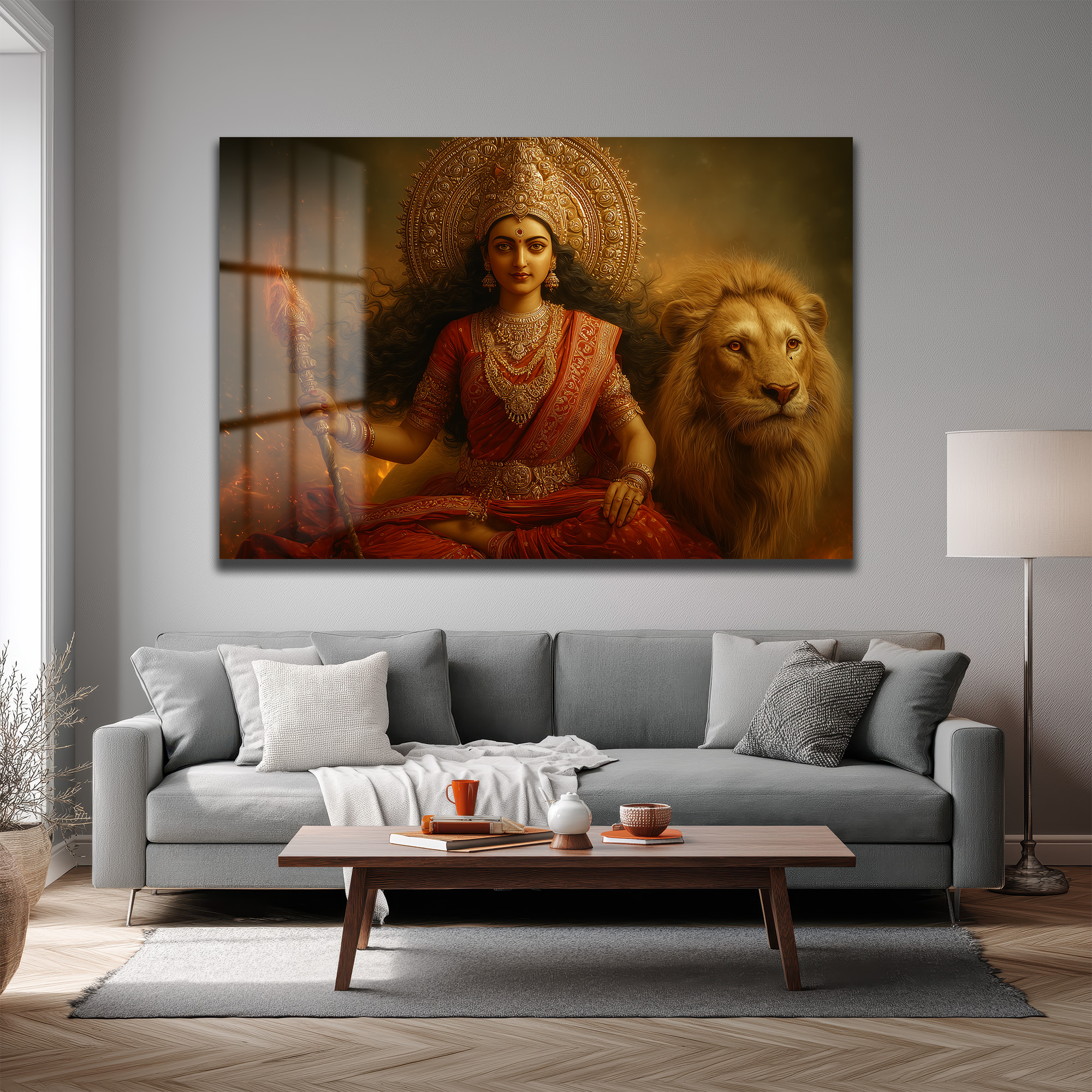 Durga Devi ve Aslan: Kutsal Güç ve Zarafet Temalı Dekoratif Cam Tablo Duvar Dekoru Durga Devi ve Aslan: Kutsal Güç ve Zarafet Temalı Dekoratif Cam Tablo