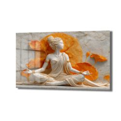 Beyaz meditasyon yapan kadın heykeli ve altın turuncu lotus çiçekleri desenli, dingin bir atmosfer sunan temperli cam tablo, modern salon duvar dekorasyonu için ideal.