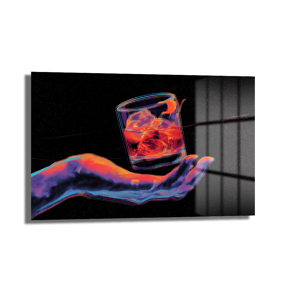 Neon Ritüel: Dijital El ve Kokteyl Temalı Modern Cam Tablo Duvar Dekoru Neon Ritüel: Dijital El ve Kokteyl Temalı Modern Cam Tablo