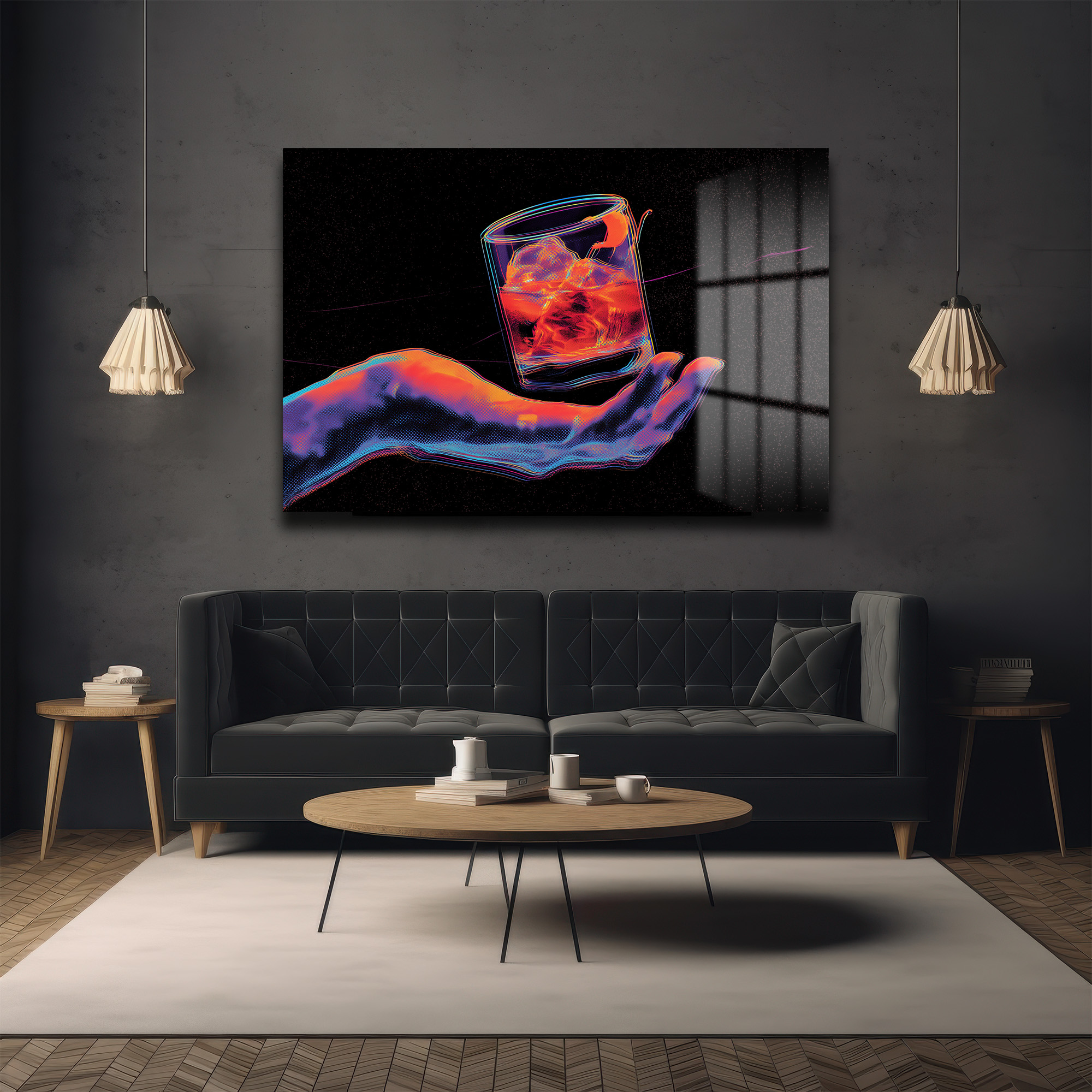 Neon Ritüel: Dijital El ve Kokteyl Temalı Modern Cam Tablo Duvar Dekoru Neon Ritüel: Dijital El ve Kokteyl Temalı Modern Cam Tablo