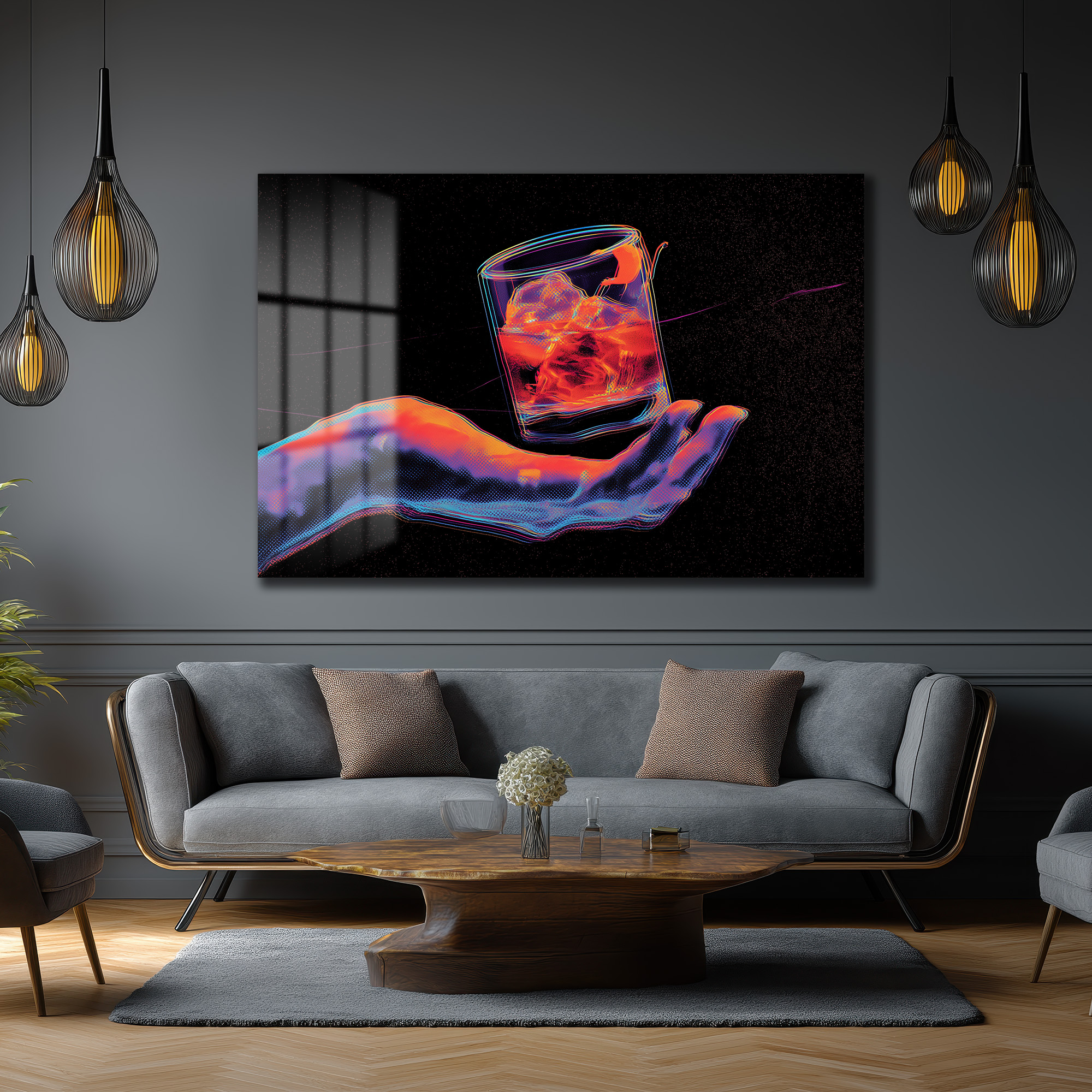 Neon Ritüel: Dijital El ve Kokteyl Temalı Modern Cam Tablo Duvar Dekoru Neon Ritüel: Dijital El ve Kokteyl Temalı Modern Cam Tablo