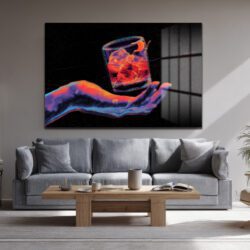 Neon Ritüel: Dijital El ve Kokteyl Temalı Modern Cam Tablo Duvar Dekoru Neon Ritüel: Dijital El ve Kokteyl Temalı Modern Cam Tablo