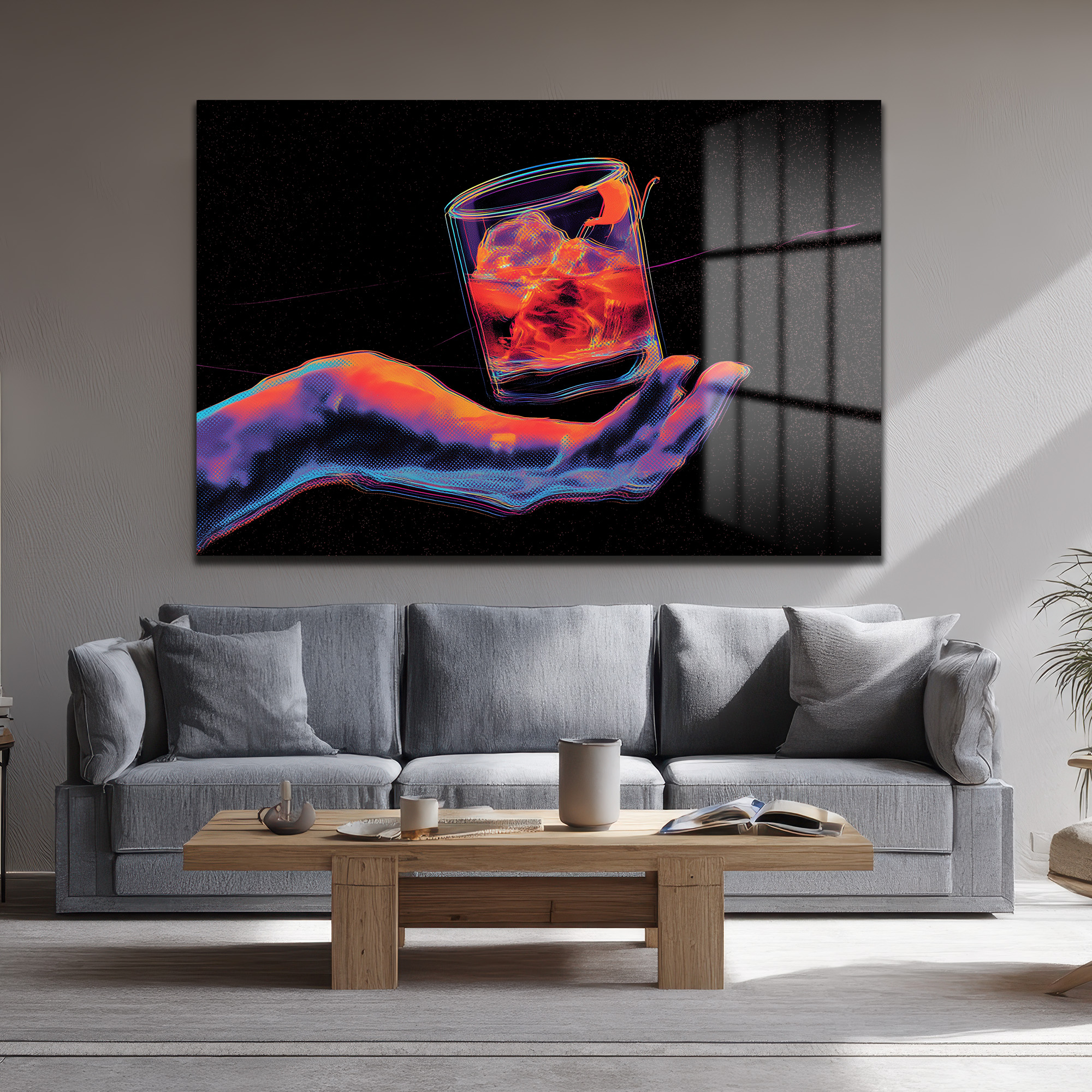 Neon Ritüel: Dijital El ve Kokteyl Temalı Modern Cam Tablo Duvar Dekoru Neon Ritüel: Dijital El ve Kokteyl Temalı Modern Cam Tablo