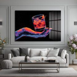 Neon Ritüel: Dijital El ve Kokteyl Temalı Modern Cam Tablo Duvar Dekoru Neon Ritüel: Dijital El ve Kokteyl Temalı Modern Cam Tablo