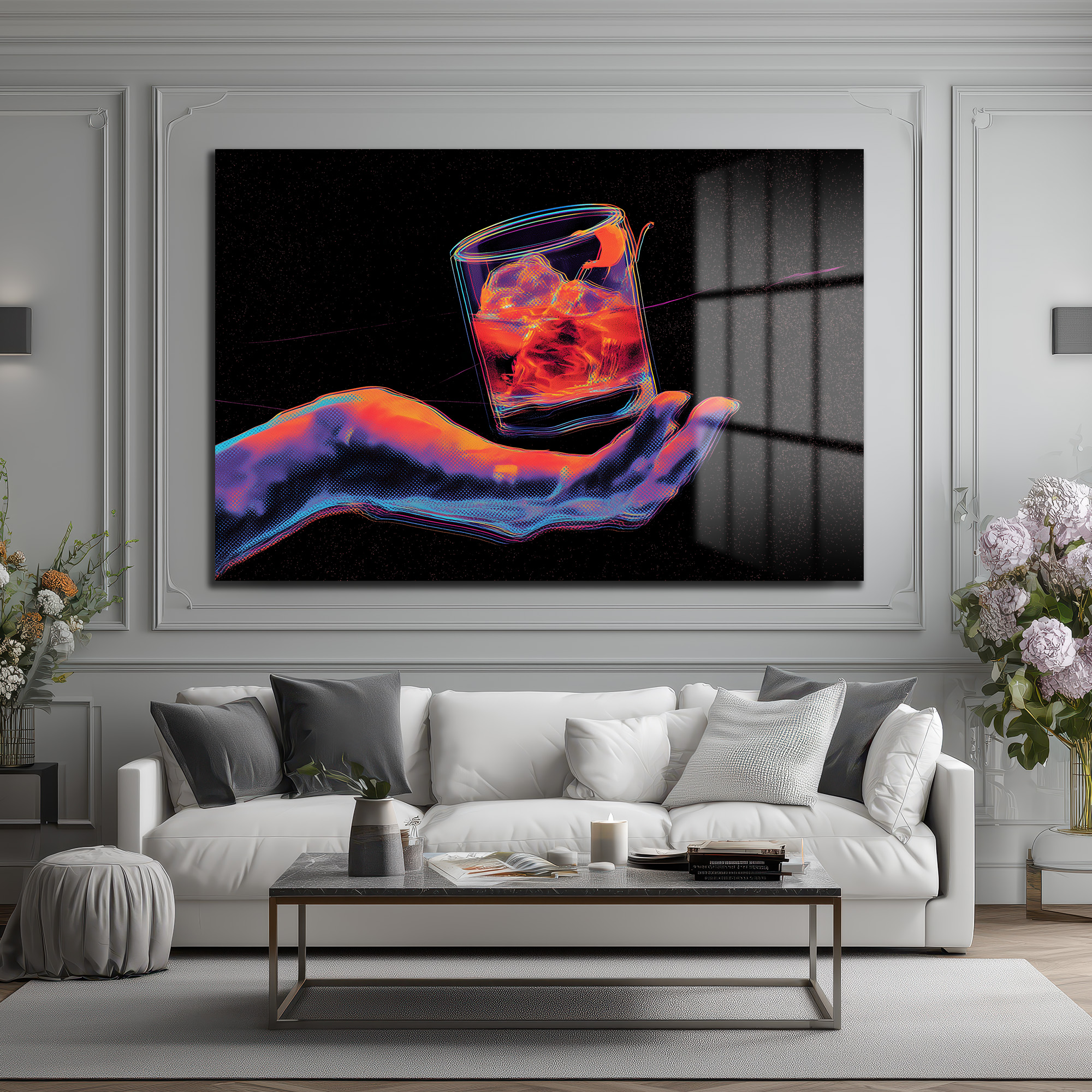 Neon Ritüel: Dijital El ve Kokteyl Temalı Modern Cam Tablo Duvar Dekoru Neon Ritüel: Dijital El ve Kokteyl Temalı Modern Cam Tablo