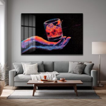 Neon Ritüel: Dijital El ve Kokteyl Temalı Modern Cam Tablo - Glazella