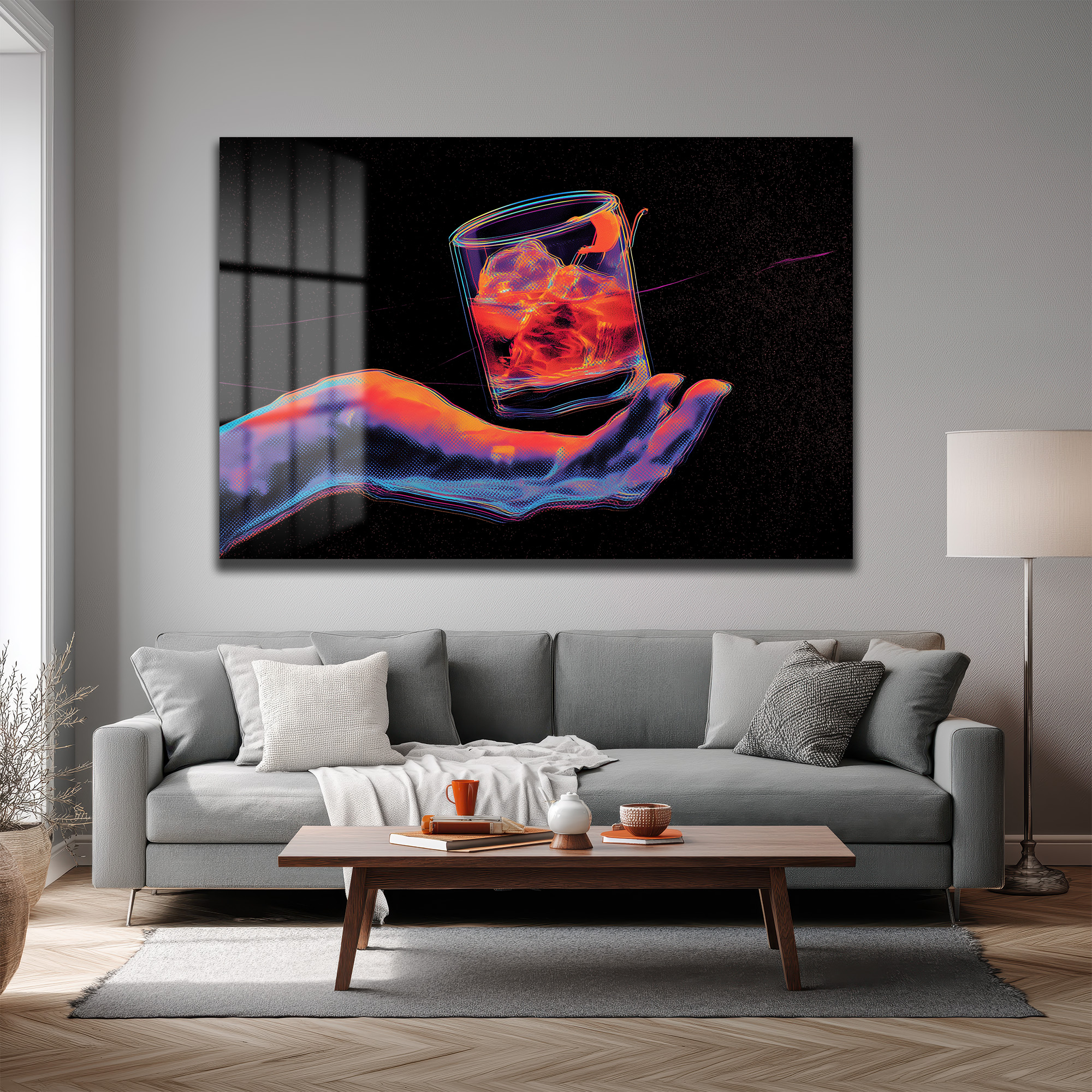 Neon Ritüel: Dijital El ve Kokteyl Temalı Modern Cam Tablo Duvar Dekoru Neon Ritüel: Dijital El ve Kokteyl Temalı Modern Cam Tablo