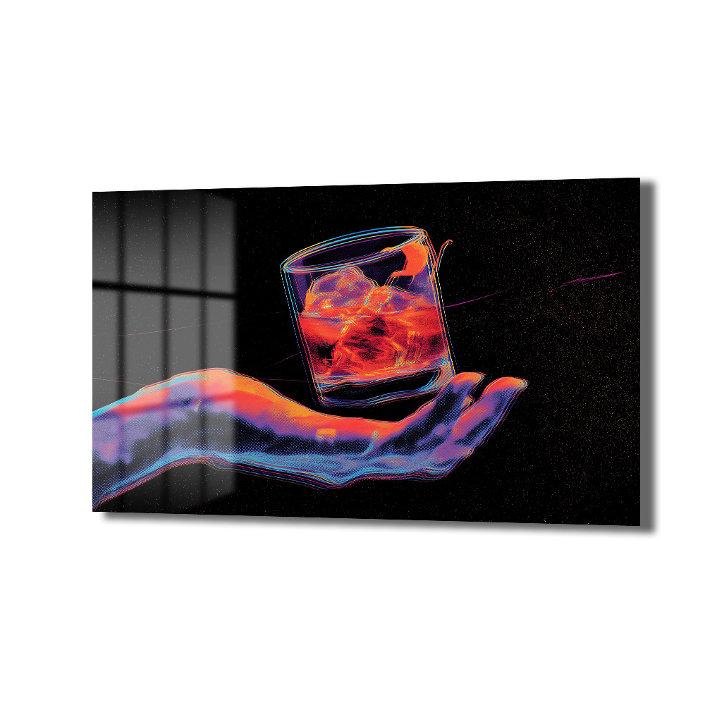 Neon Ritüel: Dijital El ve Kokteyl Temalı Modern Cam Tablo Duvar Dekoru Neon renklerde parlayan dijital bir elin, buzlu kokteyl bardağını tuttuğu modern sanat tarzında temperli cam tablo, salon ve bar dekorasyonu için ideal.