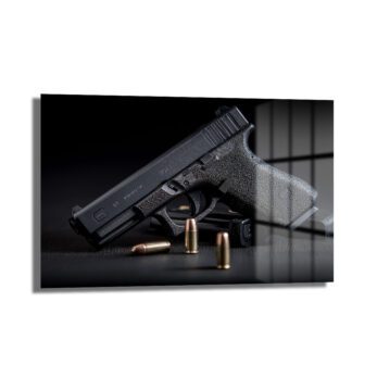Siyah zeminde duran, detaylı görünümde siyah Glock tabanca, şarjör ve pirinç mermiler içeren temperli cam tablo, modern ofis duvar dekorasyonu.